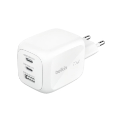 BELKIN Chargeur Secteur GaN 3 Ports 70W Avec Adaptateurs Voyage (Blanc)